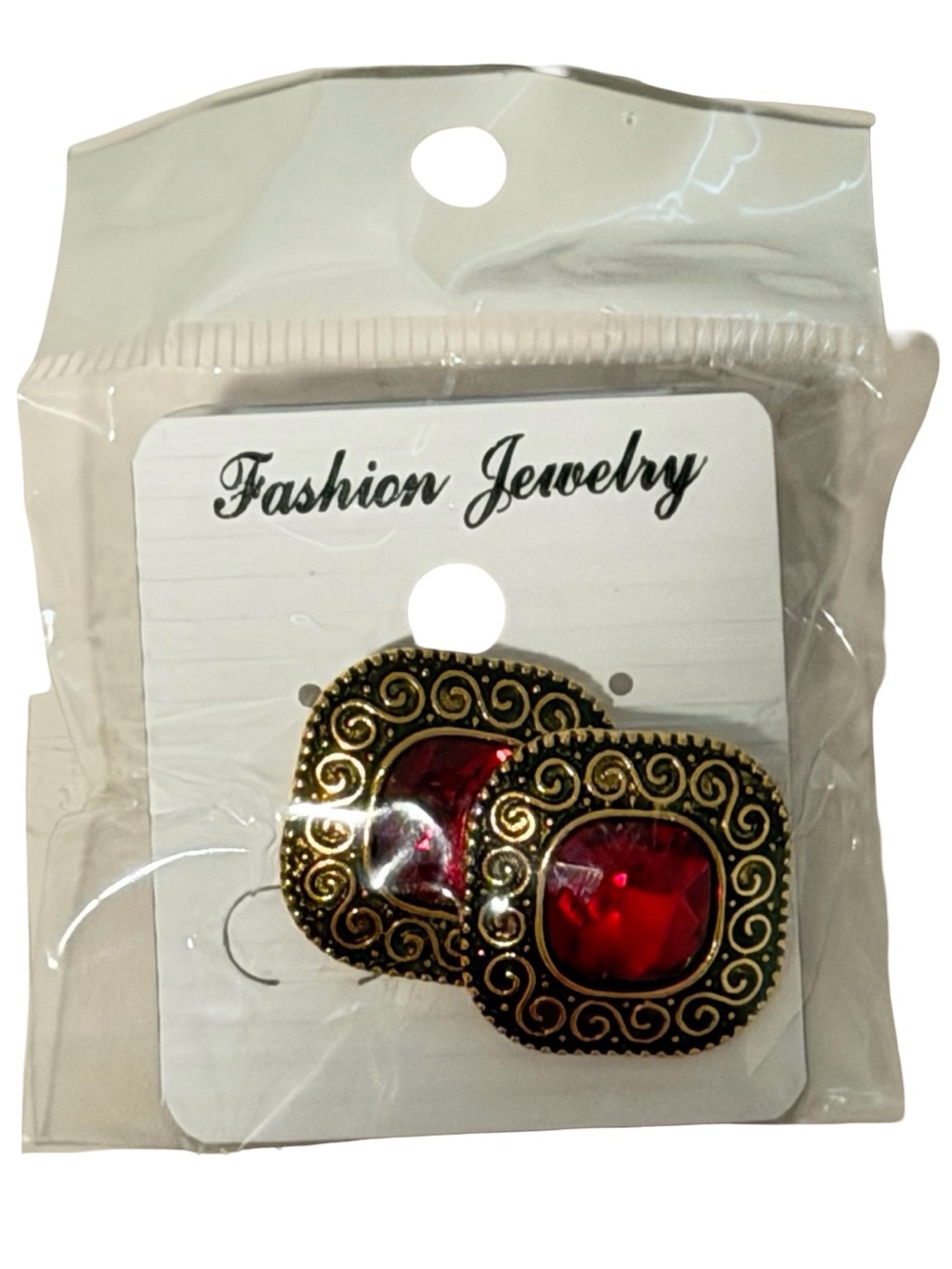Vintage Style Red Gem Gold Tone Scroll Clip On Earrings